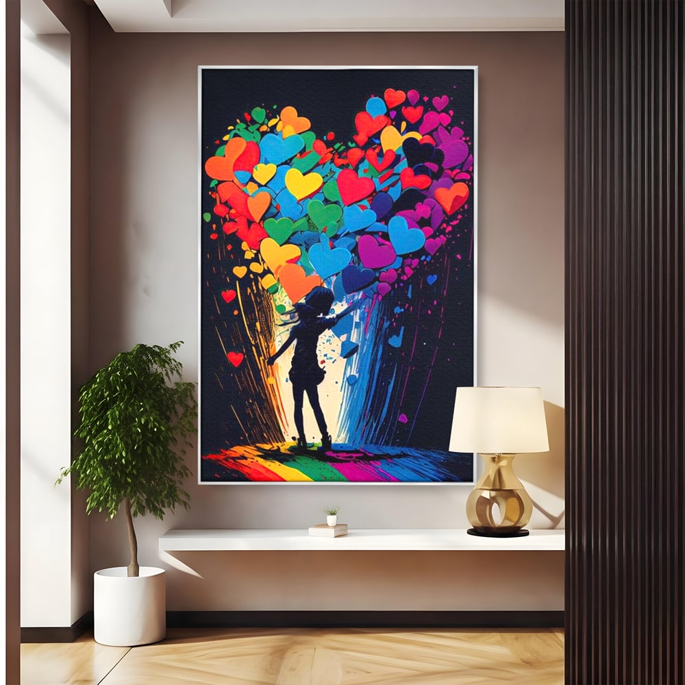 Tablou canvas cu tablou canvas cu silueta si inimi colorate, in rama de aluminiu argintiu
